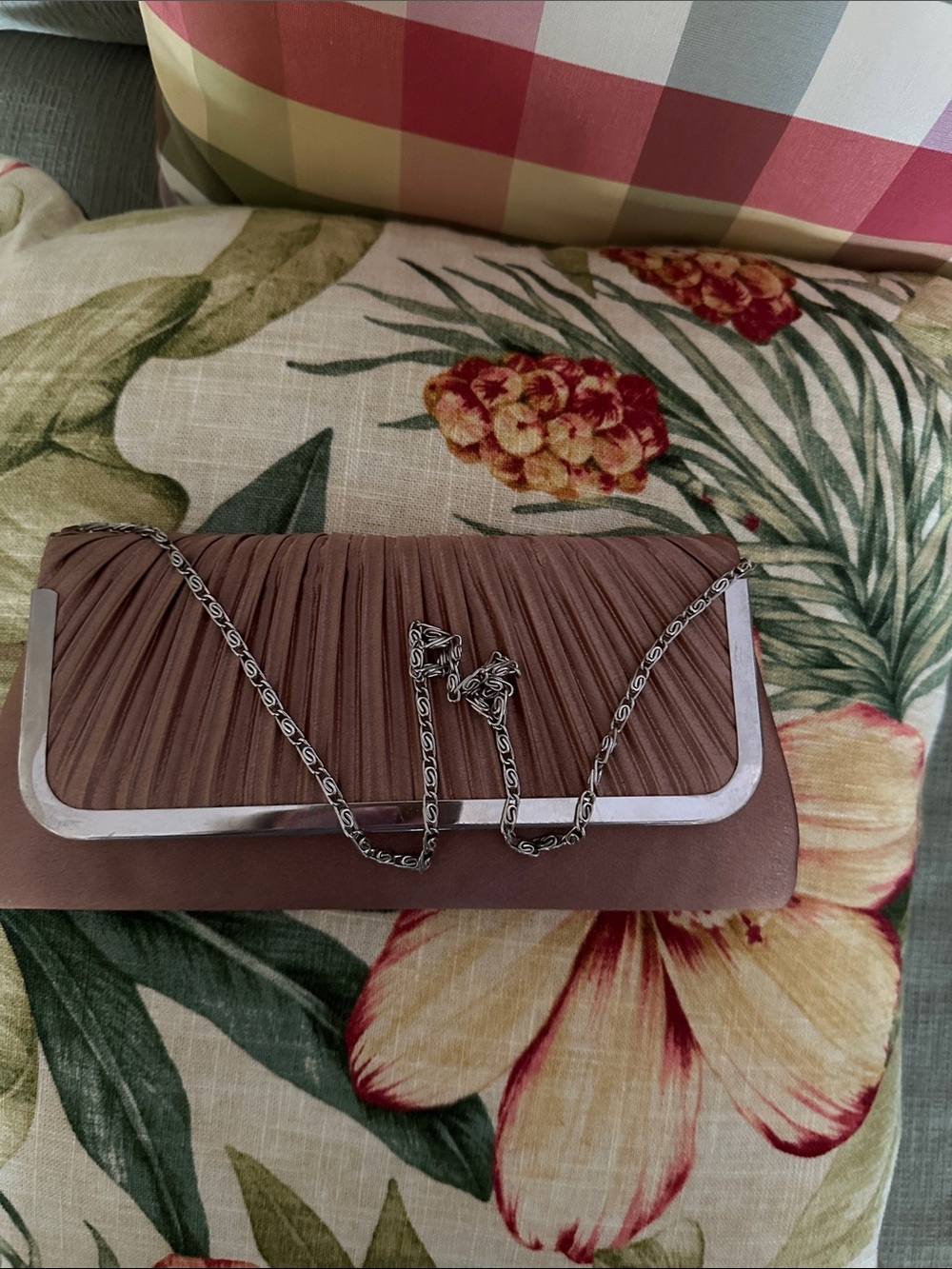 Ruched Taupe Evening Clutch with Silver Accent